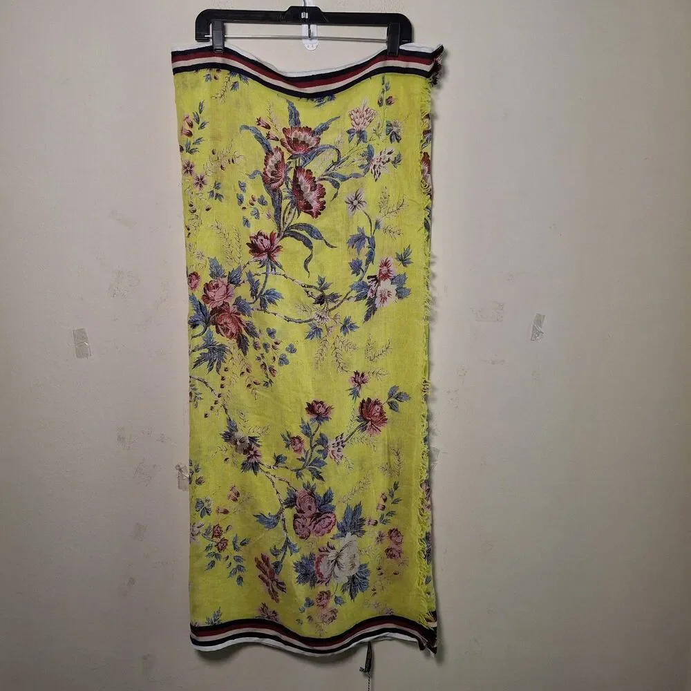 NEW Inouitoosh 78x42 Floral Scarf Wrap 100% Cotton Yellow Red Navy Border Preppy